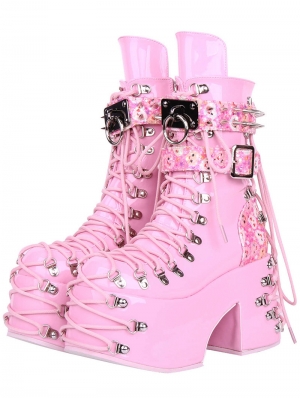 Pink Gothic Punk Buckle Lace-Up Platform Ankle Boots