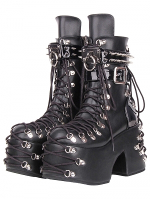 Black Gothic Punk Buckle Lace-Up Platform Ankle Boots