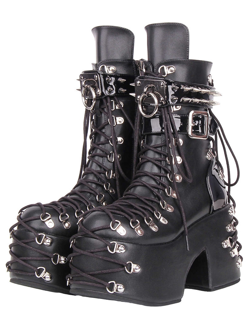 Black Gothic Punk Buckle Lace-Up Platform Ankle Boots