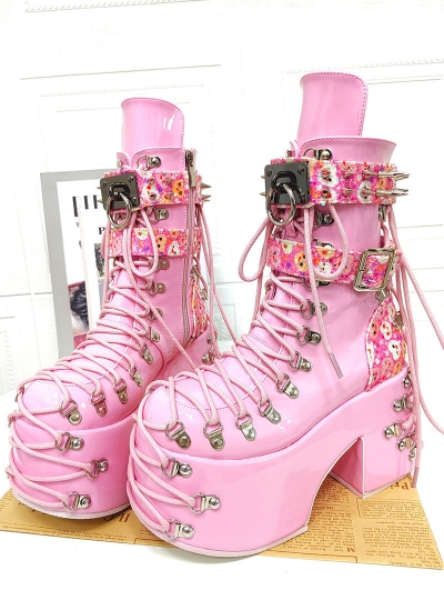 Pink Gothic Punk Rivet Strappy Platform Ankle Boots