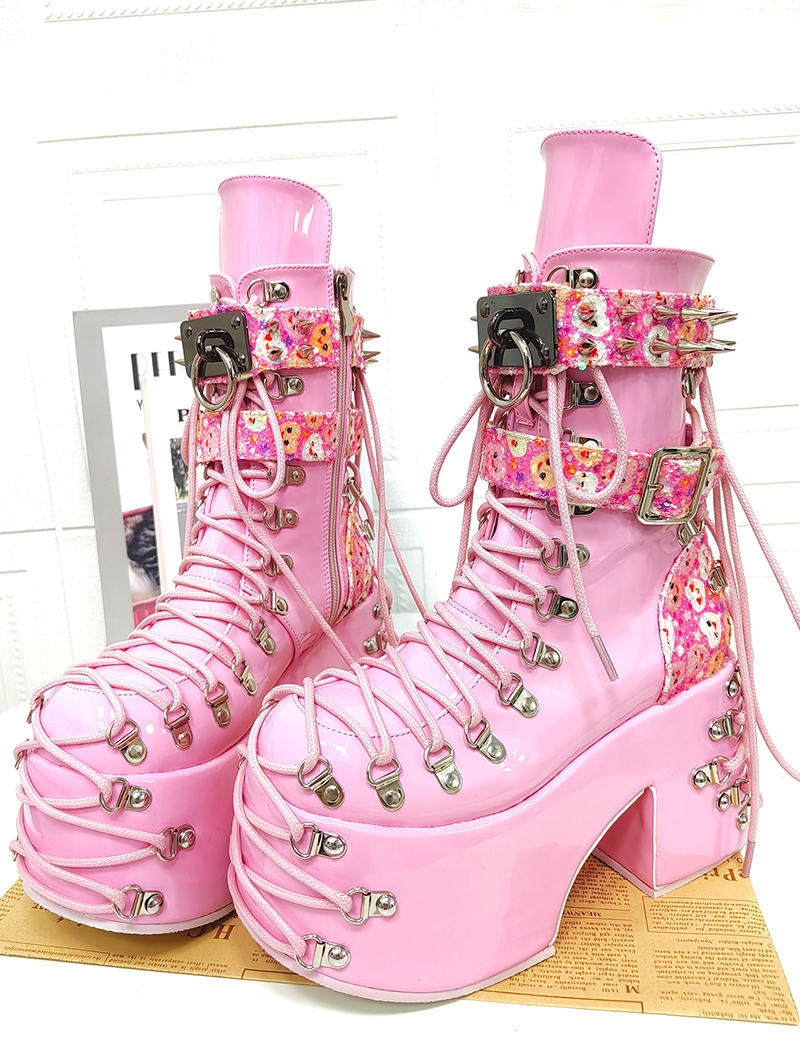 Pink Gothic Punk Rivet Strappy Platform Ankle Boots