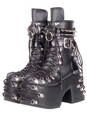 Black Gothic Punk Rivet Strappy Platform Ankle Boots