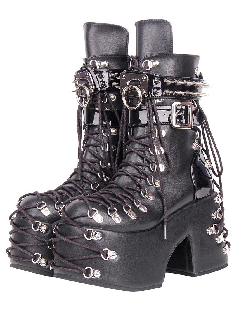 Black Gothic Punk Rivet Strappy Platform Ankle Boots