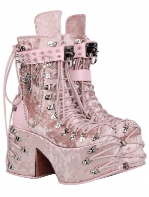 Pink Gothic Punk Studded Belt Platform Ankle Boots with Chain