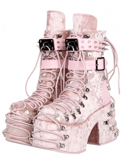 Pink Gothic Punk Studded Belt Platform Ankle Boots