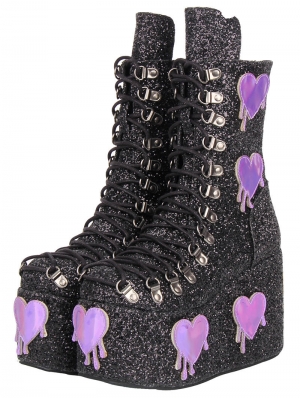 Black Gothic Glitter Purple Heart Patch Platform Ankle Boots