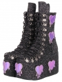 Black Gothic Glitter Purple Heart Patch Platform Ankle Boots