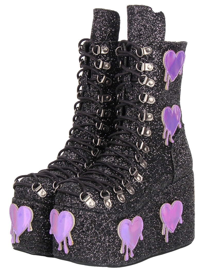 Black Gothic Glitter Purple Heart Patch Platform Ankle Boots