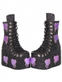 Black Gothic Glitter Purple Heart Patch Platform Ankle Boots