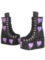 Black Gothic Glitter Purple Heart Patch Platform Ankle Boots