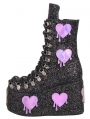 Black Gothic Glitter Purple Heart Patch Platform Ankle Boots