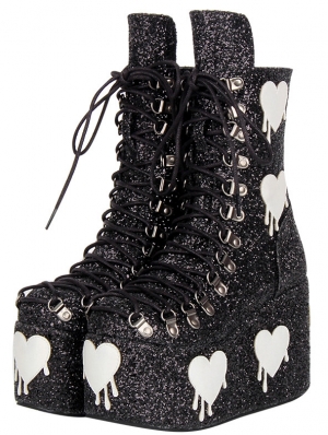 Black Gothic Glitter White Heart Patch Platform Ankle Boots