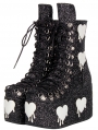 Black Gothic Glitter White Heart Patch Platform Ankle Boots