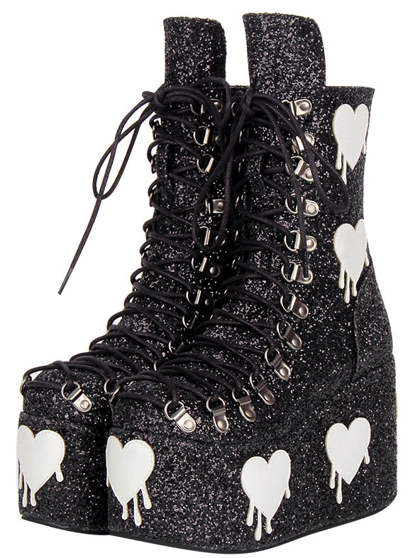 Black Gothic Glitter White Heart Patch Platform Ankle Boots