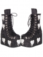 Black Gothic Glitter White Heart Patch Platform Ankle Boots