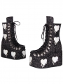Black Gothic Glitter White Heart Patch Platform Ankle Boots