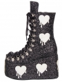 Black Gothic Glitter White Heart Patch Platform Ankle Boots
