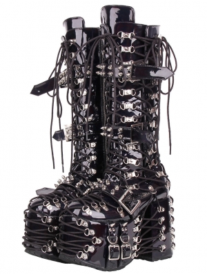 Black Gothic Punk Multi-Ring Rivet Platform Knee High Boots