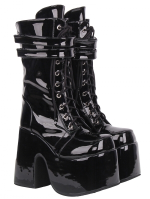 Black Gothic Punk Lace-Up Platform Mid-Calf Boots