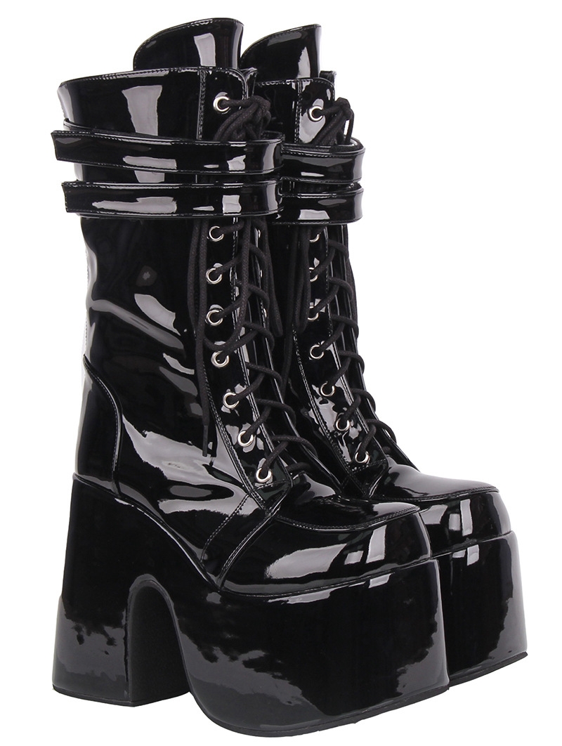 Black Gothic Punk Lace-Up Platform Mid-Calf Boots