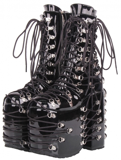 Black Gothic Punk Strappy Platform High Heel Mid-Calf Boots