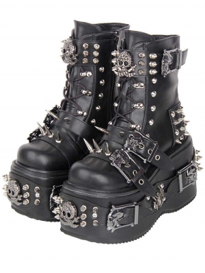 Black Gothic Skull Belt Buckle Studded Platform Ankle Boots