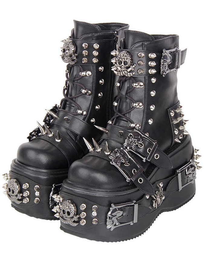 Black Gothic Skull Belt Buckle Studded Platform Ankle Boots