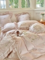 Pink Rose Frill Trim Rose Embroidery  Comforter Set