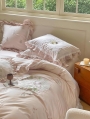Pink Rose Frill Trim Rose Embroidery  Comforter Set