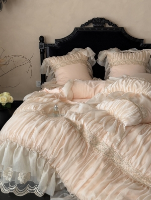 Pink Vintage Romantic Embroidered Lace Applique Comforter Set