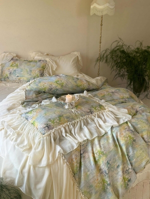 Green Oil Painting Print Romantic Frilly Comforter Set