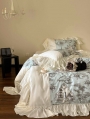 Blue Vintage Flower Castle Printed Ruffle Comforter Set