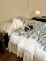 Blue Vintage Flower Castle Printed Ruffle Comforter Set