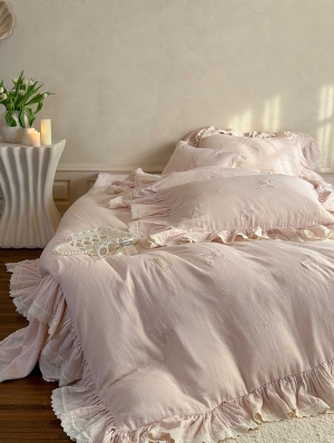 Pink Sweet Flower Embroidered Gauze Cotton Bedding Set