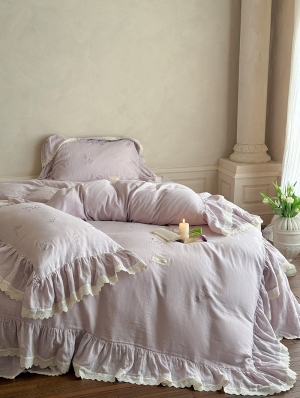 Purple Sweet Flower Embroidered Gauze Cotton Bedding Set