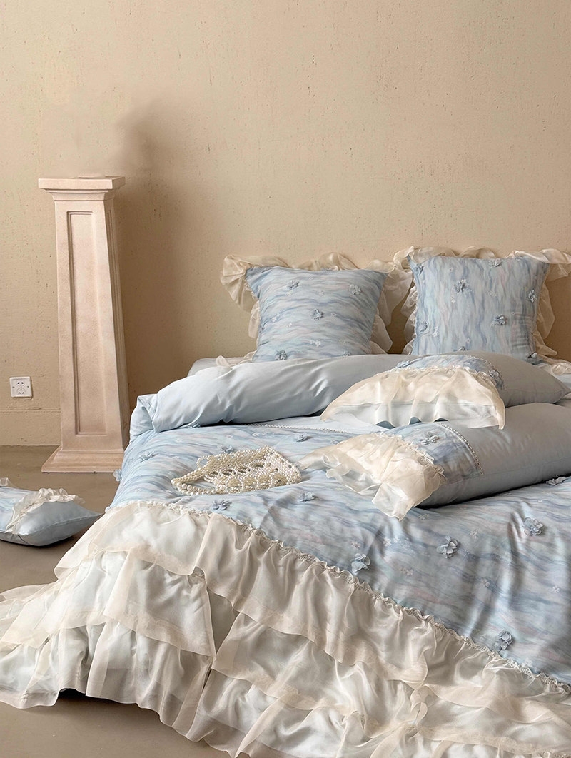 Blue Retro 3D Flower Tiered Ruffle Comforter Set