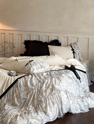 Blue Retro Floral Print Bow Trim Ruffle Comforter Set