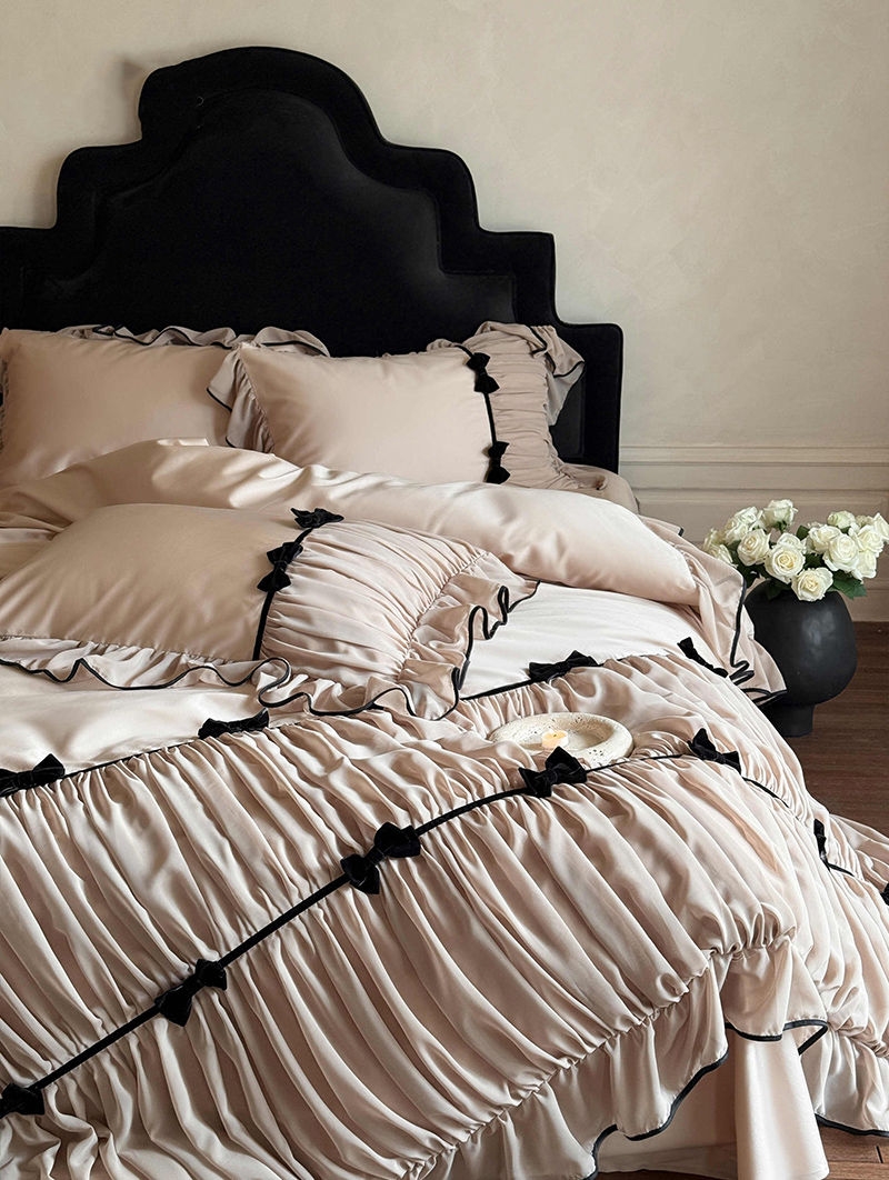 Coffee Retro Bow Pleated Ruffle Bedding Set