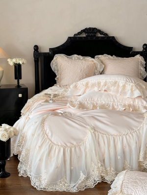 Pink Embroidered Floral Lace Romantic Comforter Set