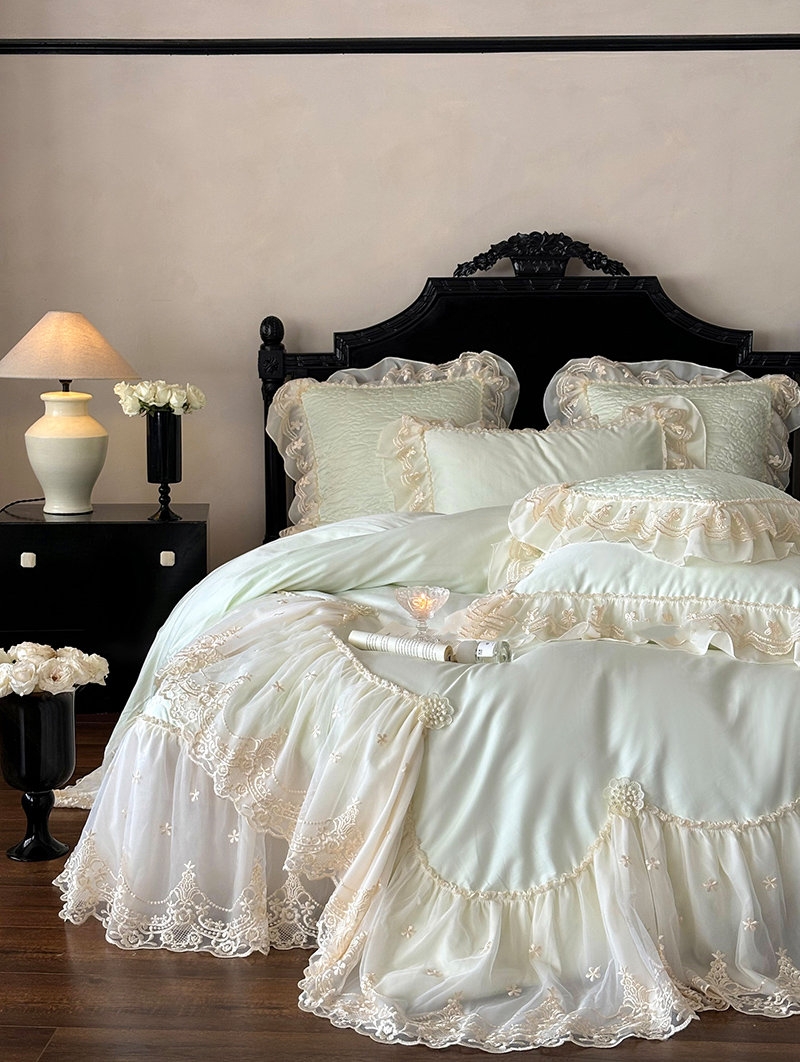 Green Embroidered Floral Lace Romantic Comforter Set