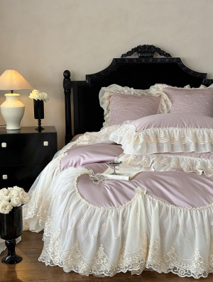 Purple Embroidered Floral Lace Romantic Comforter Set