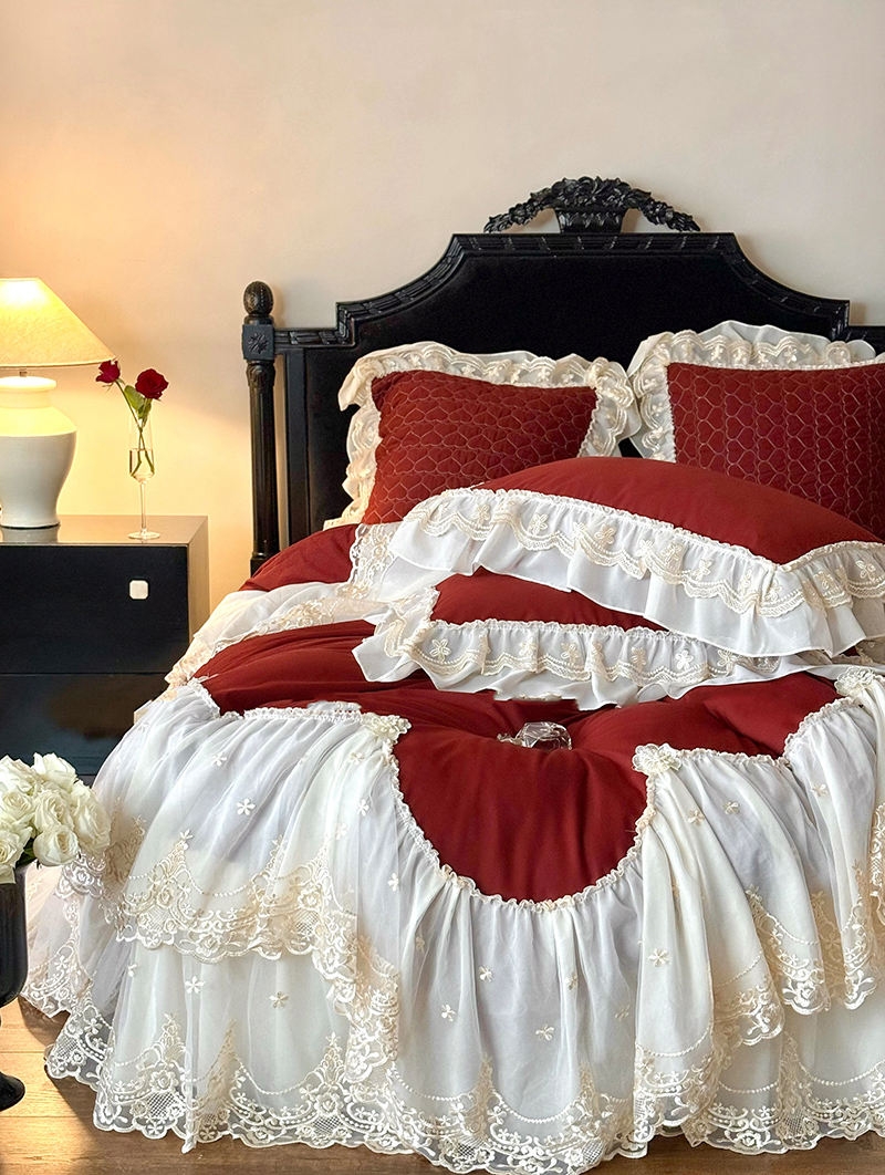 Red Embroidered Floral Lace Romantic Comforter Set