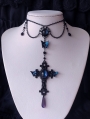 Dark Blue Gothic Butterfly Cross Pendant Necklace