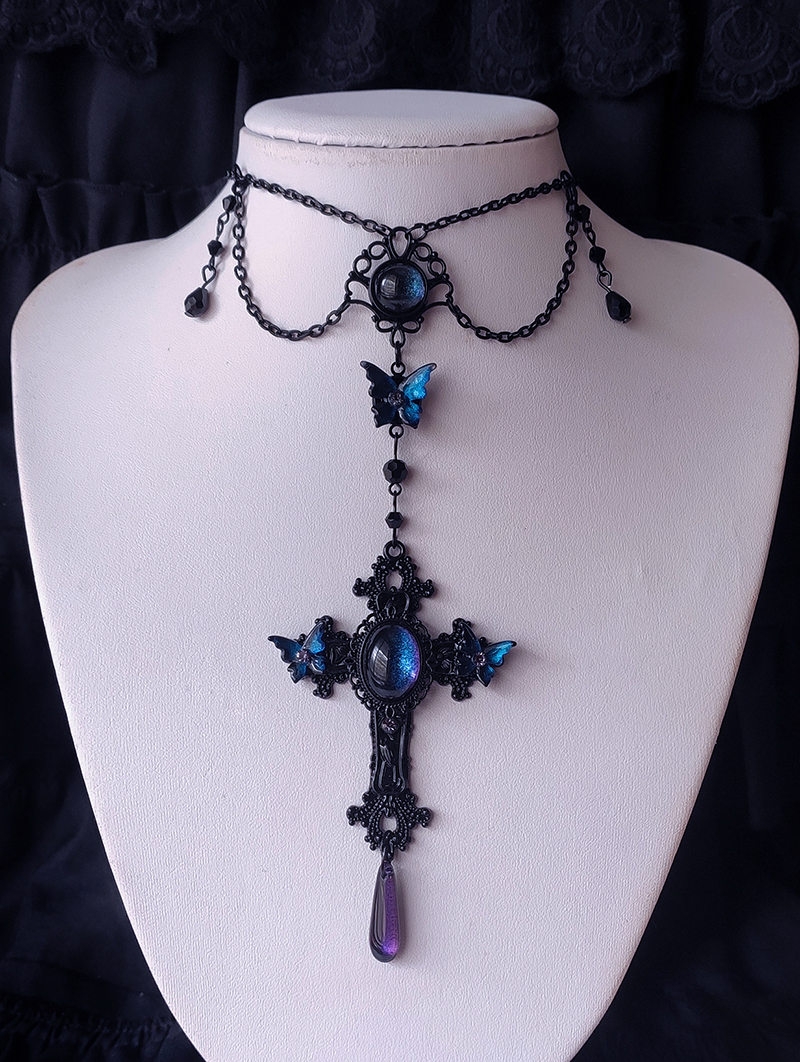 Dark Blue Gothic Butterfly Cross Pendant Necklace