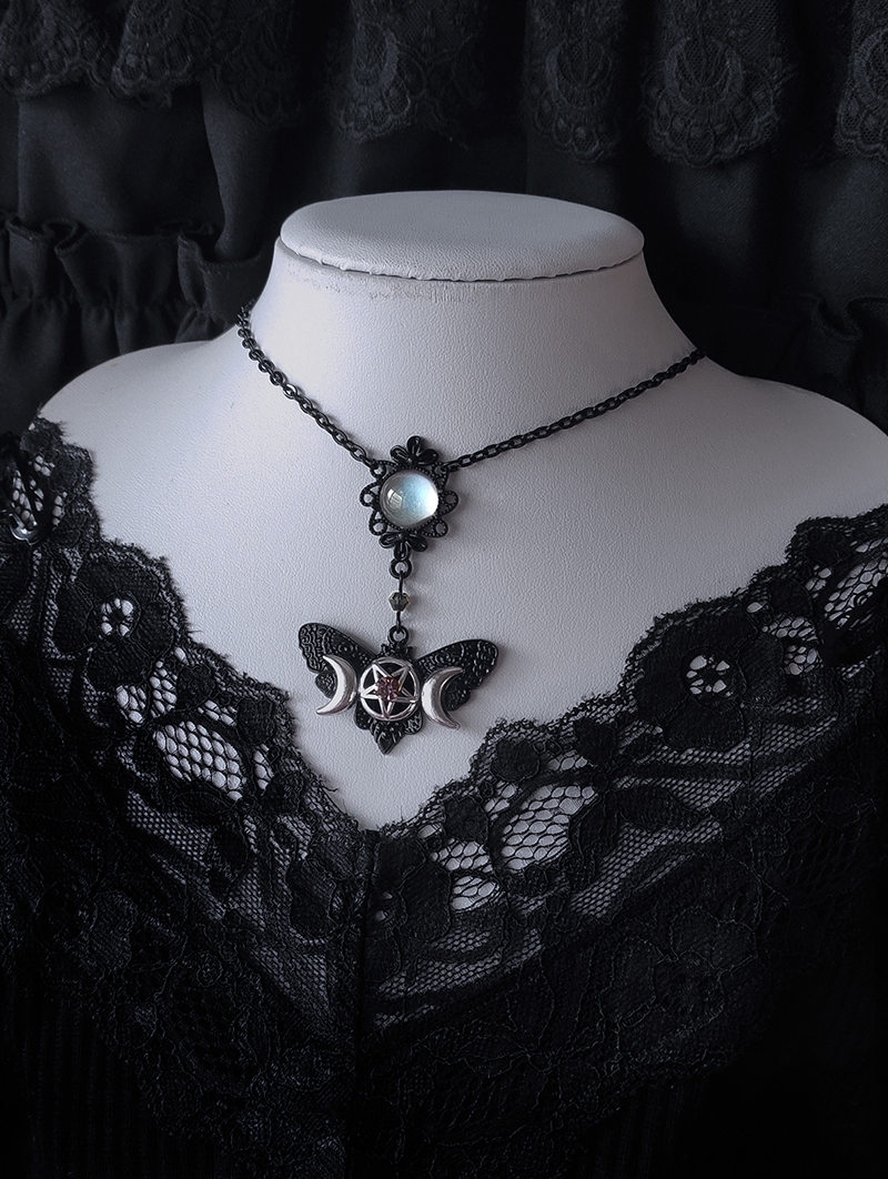 Black Gothic Lunar Moth Pentagram Pendant Necklace