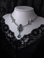 Silver Gothic Thorn Branch Green Crystal Pendant Necklace