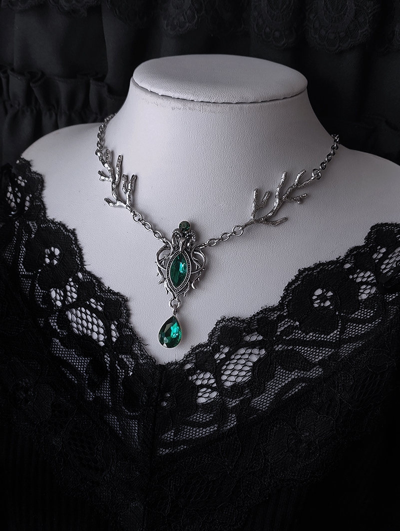 Silver Gothic Thorn Branch Green Crystal Pendant Necklace