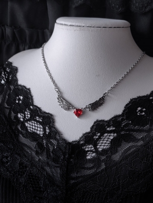 Silver Angel Wings Red Heart Crystal Pendant Necklace