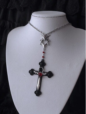 Silver Gothic Bat Blood Vampire Cross Pendant Necklace