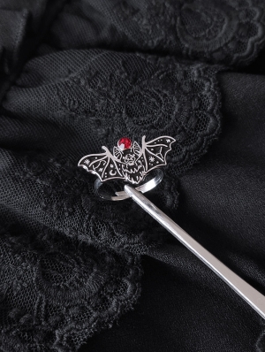 Silver Retro Red Crystal Gothic Bat Ring